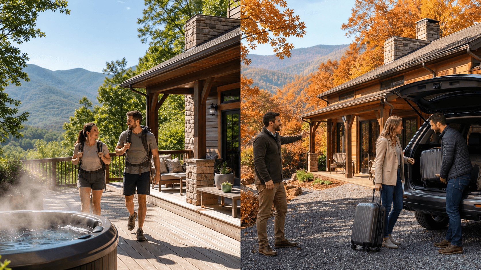 Split scene of a mountain cabin surrounded by lush summer greens on one side and bright fall foliage on the other.