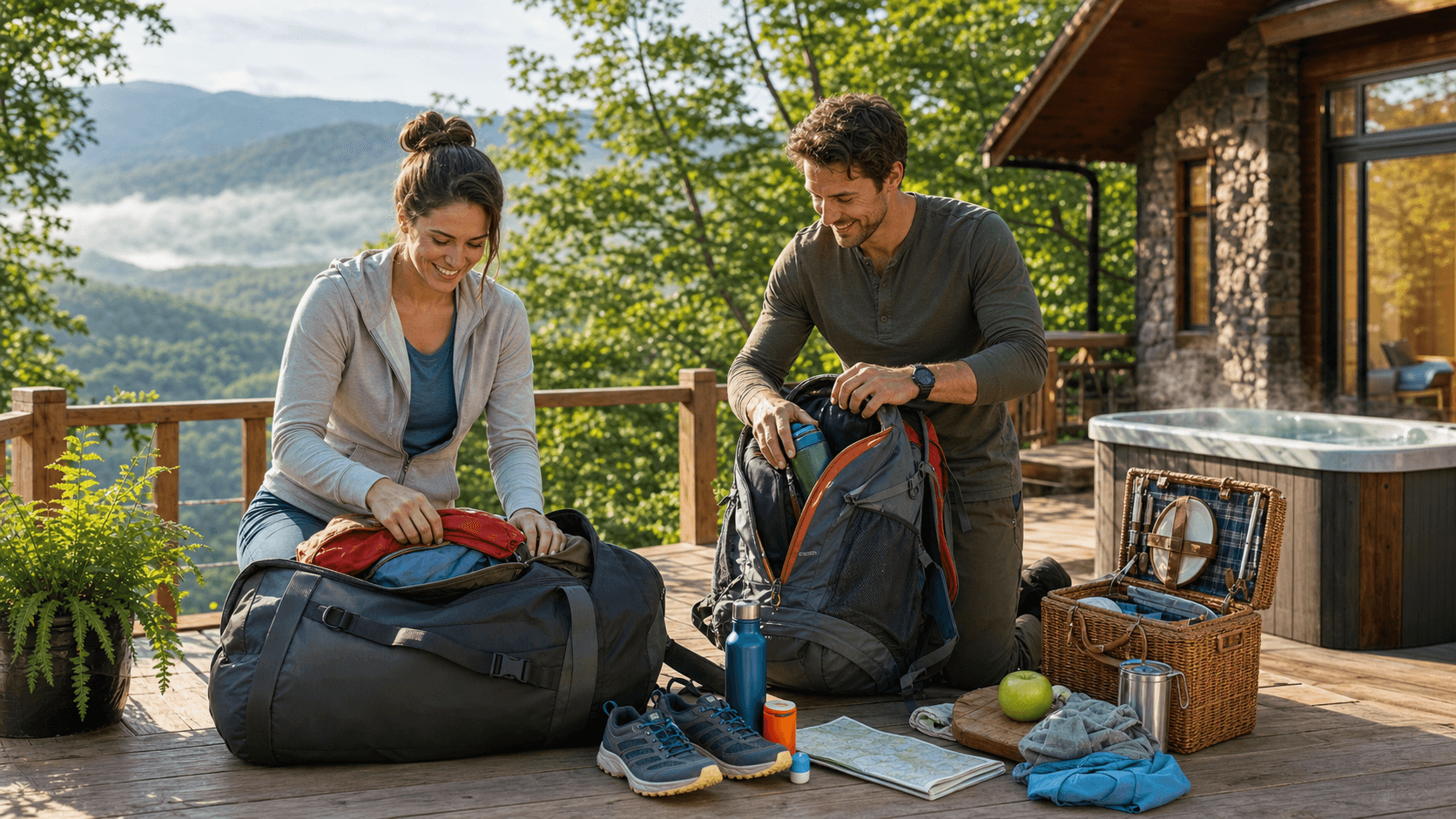 Sunlit wooden cabin by blue-green mountains with a packed suitcase, hiking boots, and a map on the porch