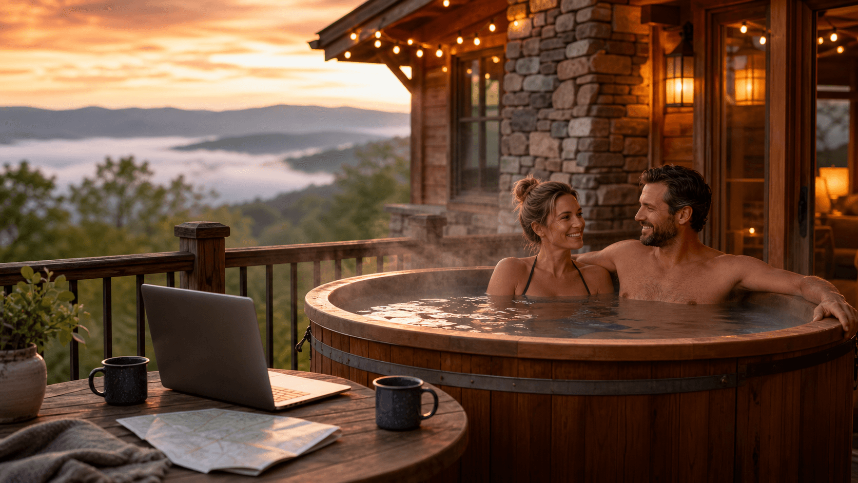 Cozy wooden cabin at dusk with a steaming hot tub on the deck, string lights glowing amid tall pine trees.